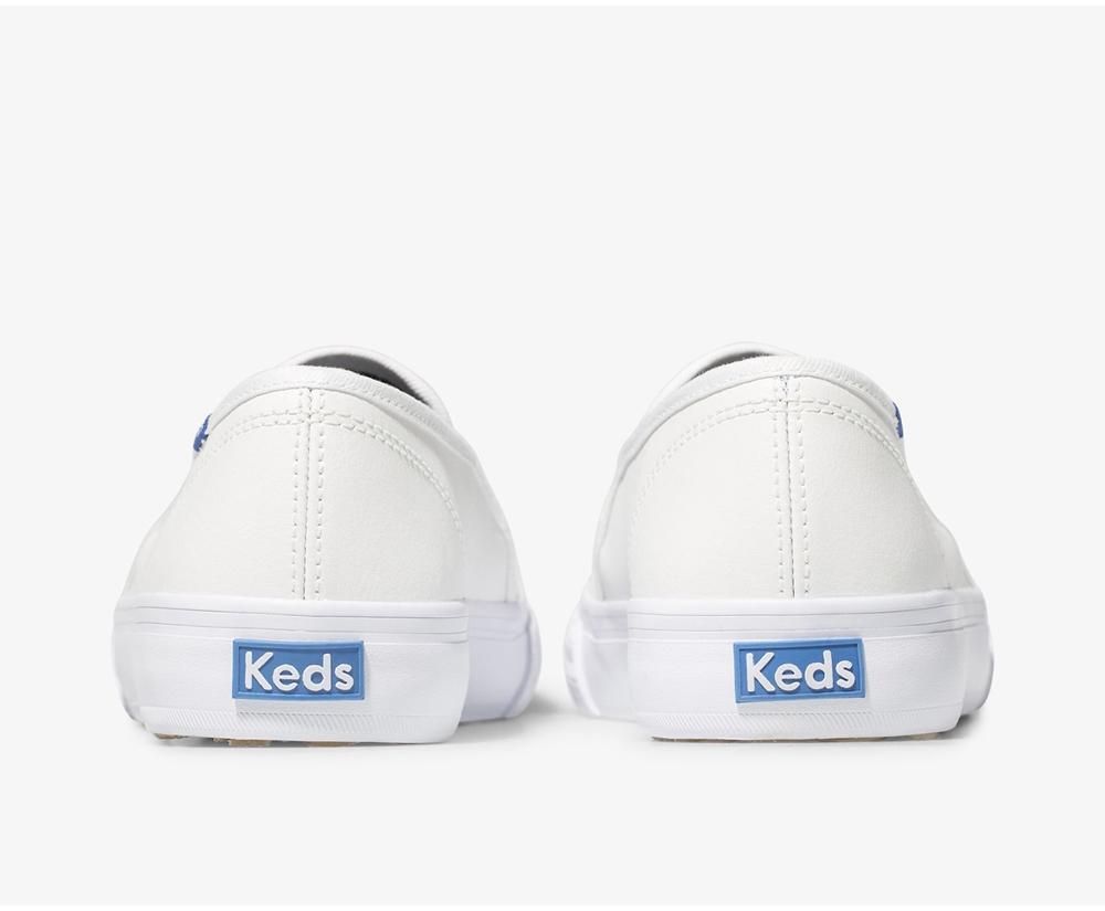 Slip Ons Keds Femme Blanche - Double Decker Perf Cuir - 268-WCZHXN